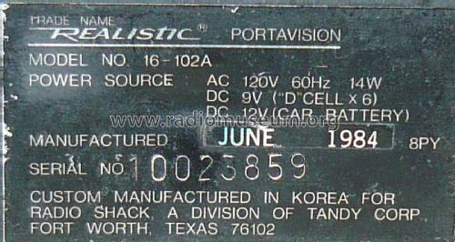 Realistic Portavision 16-102A; Radio Shack Tandy, (ID = 1957587) Télévision
