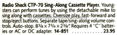 Radio Shack CTP-70 Sing-Along Cassette Player 14-851; Radio Shack Tandy, (ID = 1753845) Reg-Riprod