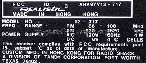 Realistic 12-717; Radio Shack Tandy, (ID = 631496) Radio