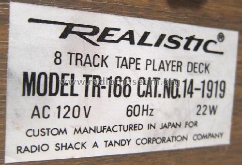Realistic 8 Track Tape Player Deck TR-166 Cat, No. 14-1919; Radio Shack Tandy, (ID = 1240533) R-Player