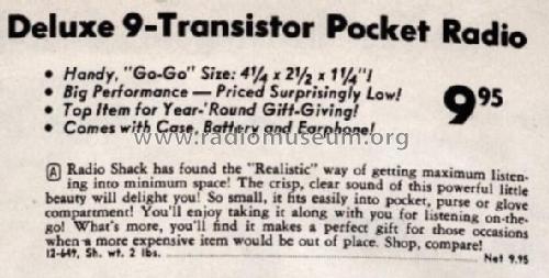 9 Transistor Cat. No.= 12-649; Radio Shack Tandy, (ID = 2732134) Radio