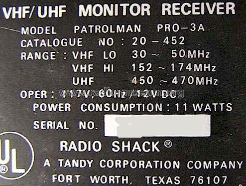 Realistic Patrolman PRO-3A 20-452; Radio Shack Tandy, (ID = 528340) Amateur-R