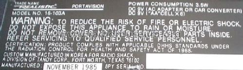 Realistic Portavision Micro TV 16-103A; Radio Shack Tandy, (ID = 533474) TV Radio