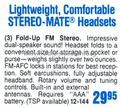 Realistic Stereo Mate Headset Radio 12-144; Radio Shack Tandy, (ID = 1769168) Radio