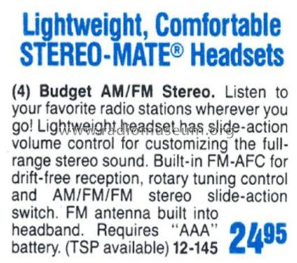 Realistic Stereo Mate Headset Radio 12-145; Radio Shack Tandy, (ID = 1769173) Radio