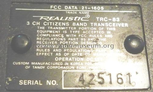 Citizens Band Transceiver TRC-83; Radio Shack Tandy, (ID = 1903114) Ciudadana