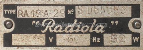 RA18A -29; Radiola marque (ID = 546722) Radio