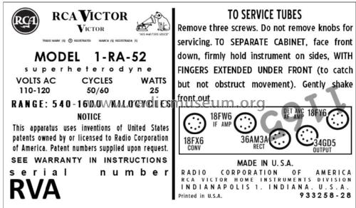 1-RA-52 ; RCA RCA Victor Co. (ID = 2890233) Radio