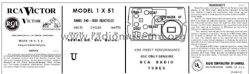 1X51 Ch= RC 1104A-1; RCA RCA Victor Co. (ID = 2916528) Radio