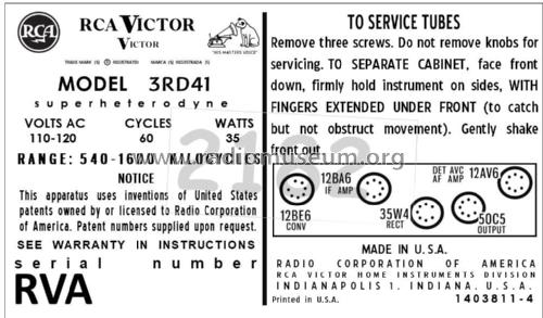 3RD41 Ch= RC-1202AC; RCA RCA Victor Co. (ID = 2890259) Radio
