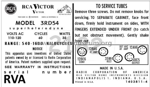 3RD54 Ch= RC-1202AC; RCA RCA Victor Co. (ID = 2890298) Radio