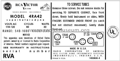 4RA42 Ch= RC-1213F; RCA RCA Victor Co. (ID = 2916159) Radio