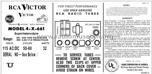 4X661 Ch=RC-1141; RCA RCA Victor Co. (ID = 2930734) Radio