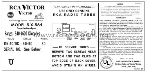 5X564 Ch= RC-1150; RCA RCA Victor Co. (ID = 2913034) Radio