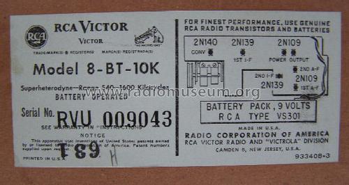 8-BT-10K Ch= RC-1156A; RCA RCA Victor Co. (ID = 1232978) Radio