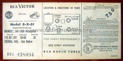 8-X-51 'The Cole' Ch= RC-1170; RCA RCA Victor Co. (ID = 533747) Radio