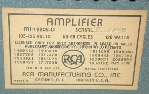 Amplifier MI-12202-D; RCA RCA Victor Co. (ID = 1006069) Ampl/Mixer