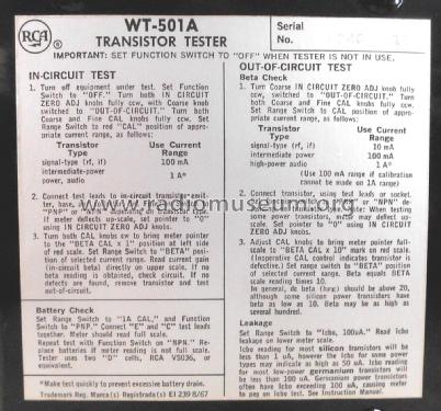 In/Out circuit transistor tester WT-501A; RCA RCA Victor Co. (ID = 2529374) Equipment