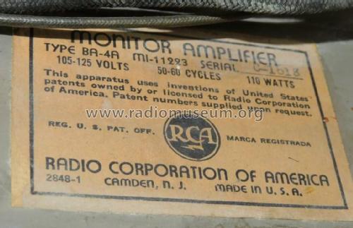 Monitor Amplifier BA-4A MI-11223; RCA RCA Victor Co. (ID = 3070141) Ampl/Mixer