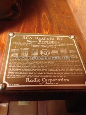 Radiola 62; RCA RCA Victor Co. (ID = 2298475) Radio