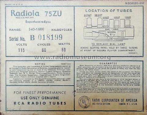 Radiola 75ZU Ch= RC-1063A; RCA RCA Victor Co. (ID = 2942450) Radio