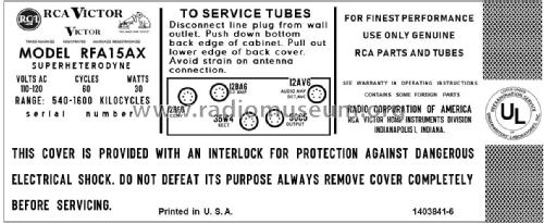 RFA 15 AX Ch= RC-1213A; RCA RCA Victor Co. (ID = 2914931) Radio