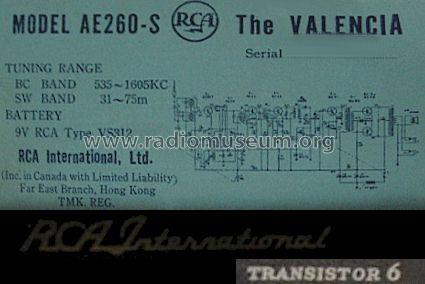Transistor 6 The Valencia AE260-S; RCA RCA Victor Co. (ID = 647830) Radio