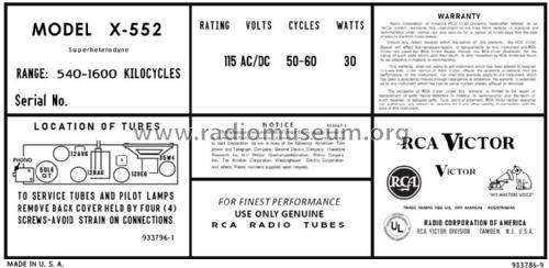 X-552 Ch= RC-1089C; RCA RCA Victor Co. (ID = 2915828) Radio