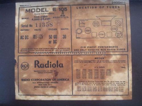 Radiola E105A Ch= RC594C; RCA Victor Radio S.A (ID = 1468142) Radio