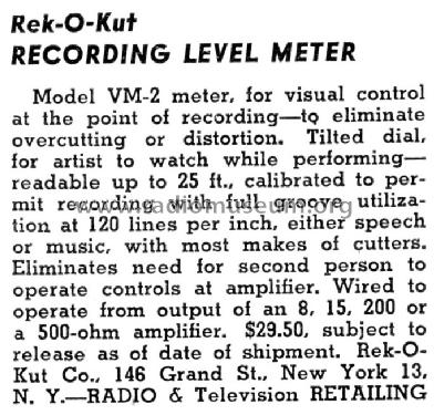 Recording Level Meter VM-2 ; Rek-O-Kut company; (ID = 1253627) Misc
