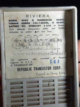 Riviera Six Transistor RV62; Republic Transistor (ID = 2898669) Radio