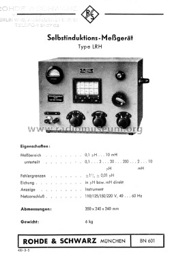 Selbstinduktionsmeßgerät LRH BN601; Rohde & Schwarz, PTE (ID = 2592705) Equipment