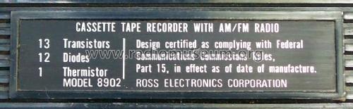 AM-FM Radio / Cassette Recorder 8902; Ross Electronics (ID = 2160459) Radio