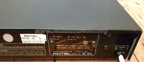 Stereo Control Amplifier RC-870; Rotel, The, Co., Ltd (ID = 2353697) Ampl/Mixer