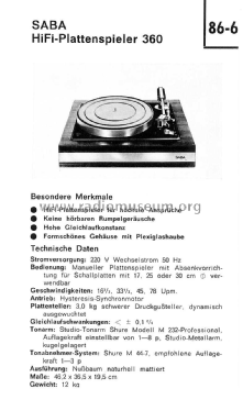 HiFi-Plattenspieler 360; SABA; Villingen (ID = 2869210) Ton-Bild