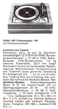 HiFi-Plattenspieler 745; SABA; Villingen (ID = 2105153) Enrég.-R