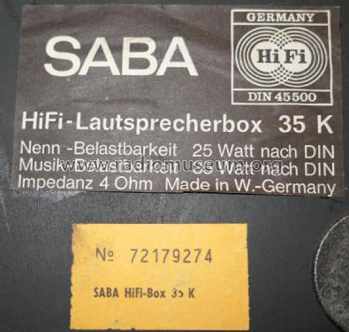 HiFi-Lautsprecherbox 35K; SABA; Villingen (ID = 2090408) Speaker-P