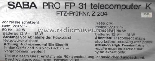 Telecomputer K Pro FP 31; SABA; Villingen (ID = 664573) Television