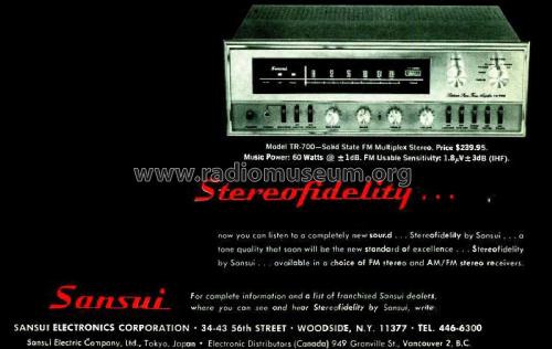 Solid-State FM Multiplex Stereo Tuner Amplifier TR-700; Sansui Electric Co., (ID = 1809923) Radio