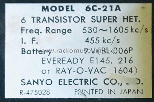 6 Transistor Super Het 6C-21A; Sanyo Electric Co. (ID = 2995765) Radio