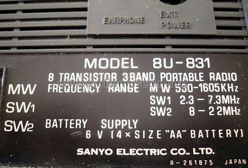 8 Transistor 3 Band Portable Radio 8U-831; Sanyo Electric Co. (ID = 678074) Radio