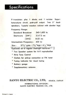 9 Transistor Deluxe All Wave Super Radio 9U-T340; Sanyo Electric Co. (ID = 1600498) Radio