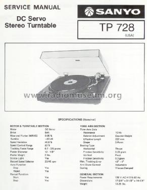 DC Servo Stereo Turntable TP 728; Sanyo Electric Co. (ID = 1516595) R-Player