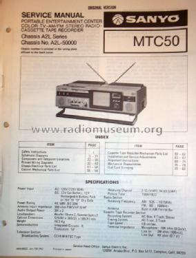 Portable color TV -AM/FM stereo Radio Cassette MTC50 Ch= A2L-50000; Sanyo Electric Co. (ID = 1473206) TV Radio