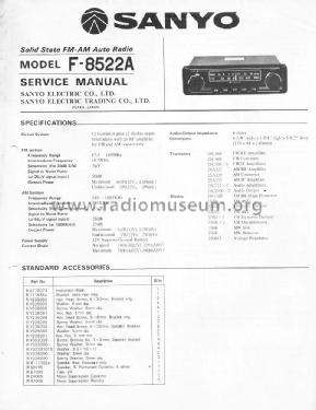 Solid State FM-AM Auto Radio F-8522A; Sanyo Electric Co. (ID = 2046080) Car Radio