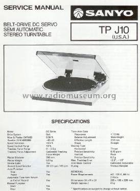Stereo Turntable TP J10; Sanyo Electric Co. (ID = 1516629) Sonido-V
