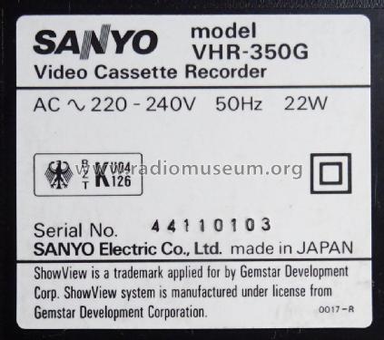 Video Cassette Recorder VHR-350 G; Sanyo Electric Co. (ID = 1788269) Reg-Riprod