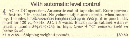 2165 Portable Cassette Recorder Order= 57H 2165; Sears, Roebuck & Co. (ID = 1739766) R-Player