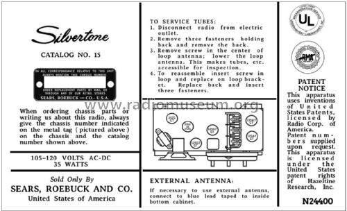 Silvertone 15 Ch= 132.844 Order=57K 015; Sears, Roebuck & Co. (ID = 2974551) Radio