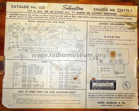 Silvertone 225 Ch= 528.171-1 Order=57E 0225; Sears, Roebuck & Co. (ID = 1286743) Radio